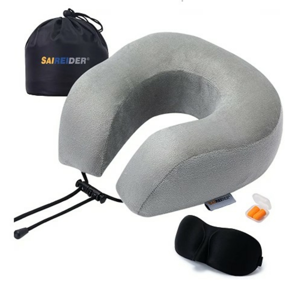 SAIREIDER Neck Pillow 100% Memory Foam with Mask & Earplugs (Grey)